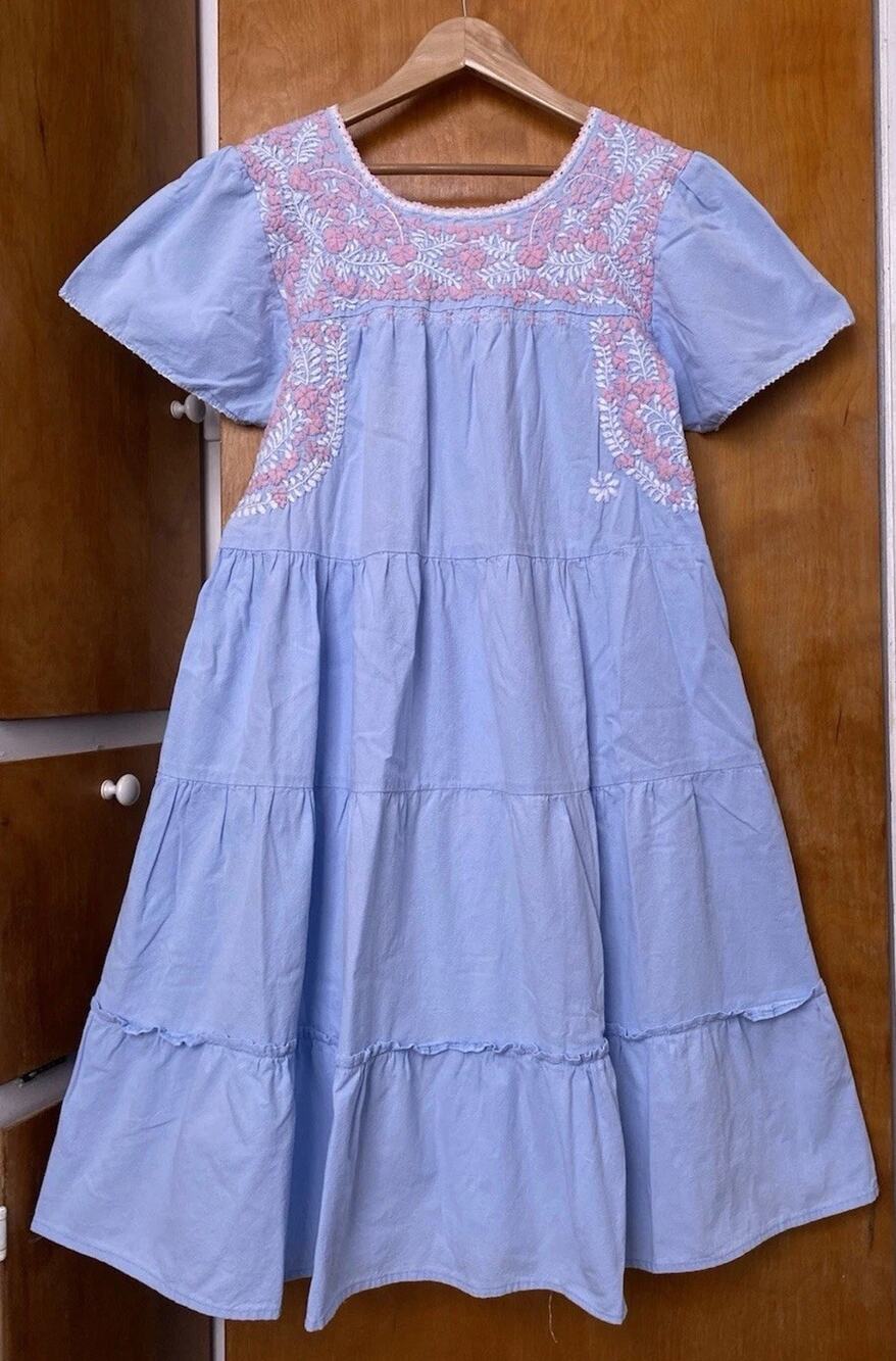 Margarita Mercantile Dress Womens Blue Pink Embroidered Tiered Mexico Size M L